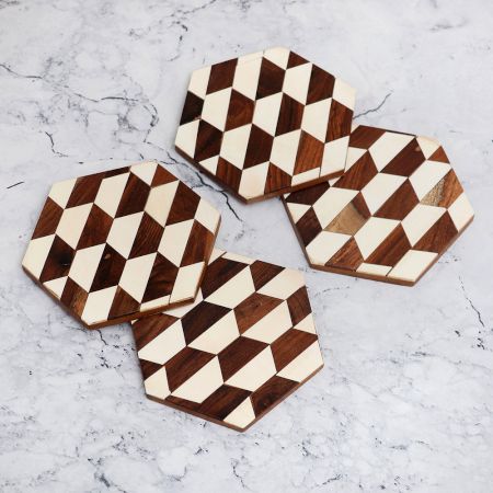 Hexagon Shaped Decorative Wooden Coasters - Pack of 4